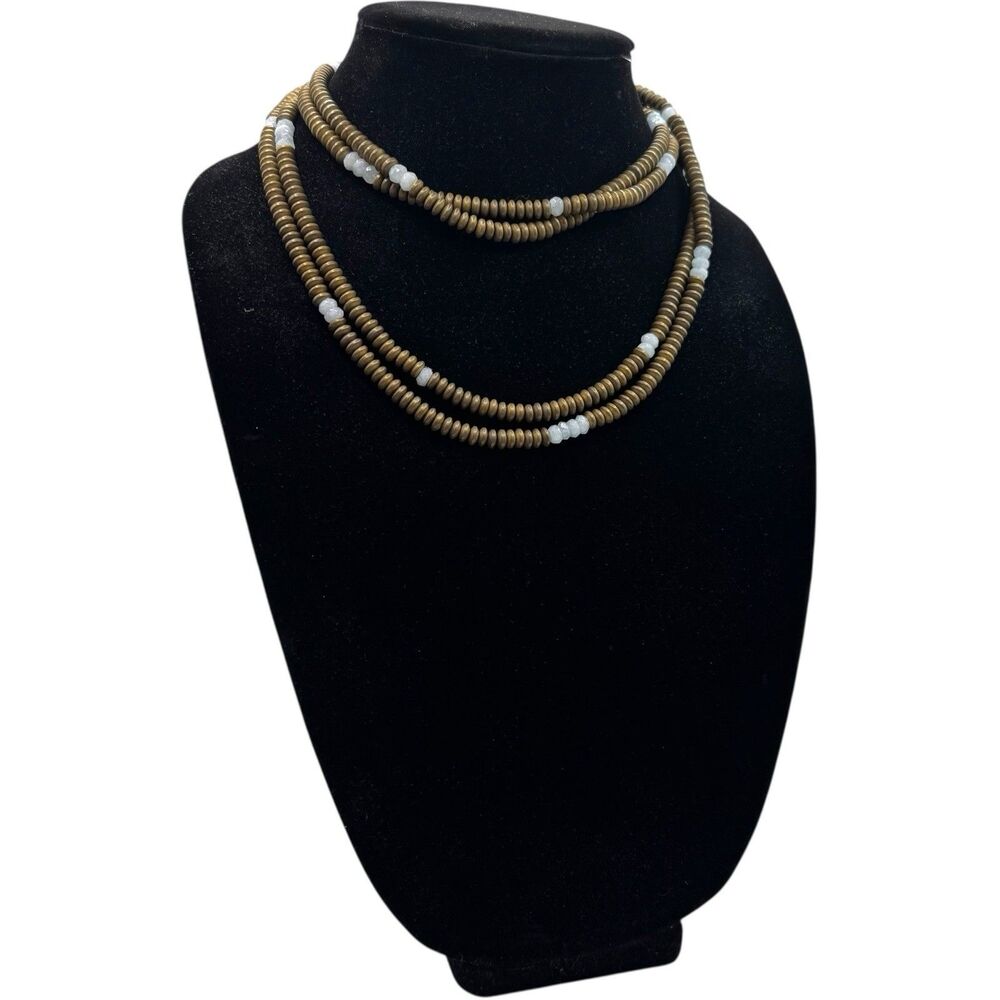 Multi Strand Gold Tone & Light Blue Beaded Necklace Long Layered Statement Boho